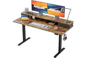 ‎AGILESTIC Agilestic Höhenverstellbarer Schreibtisch mit 2 Schubladen, 140 x 60 cm Stabiler Schreibtisch Höhenverstellbar Elektrisch, Ergonomischer Steh-Sitz Tisch Computertisch, Braun