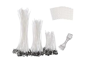 Funxim 150 Stück Kerzendocht Kerzen Dochte 3 Verschiedenen Größen(90mm,150mm and 200mm) Kerzendochte Candle Wick mit Fuß Aufklebern und kerzendocht zentriergerät für die Kerzenherstellung, Kerze DIY