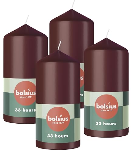 Bolsius Lot de 10 bougies piliers lisses - Rouge vin - Bougies décoratives - Durée de combustion : 33 heures - Non parfumées - Cire végétale naturelle - 12 x 6 cm