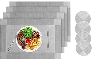 Miorkly Placemats and Coasters Sets of 4 Silver Grey Christmas Table Mats Resistant Washable PVC Table Place Mats and Coaster Sets for Home Restaurant…
