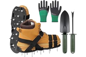 MYSHELL Lawn Aerator Shoes, Spike Shoes for Self Levelling Floor, Long Spiked Aerating Sandals for Yard Patio Garden Grass Lawn, with Work Gloves/Stainless Steel Shovel Clearing Away Debris Easily