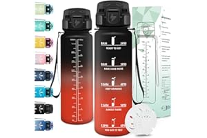 Motswedi Gourde 1l, Anti-Fuite, Gourde Sport, avec Marqueur de Temps, Bouteille d'eau, Réutilisable, Bouteille, Sans BPA, pour Sport, Yoga, Fitness, Randonnée, Noir Rouge