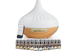 Aeshory Humidificador Difusor Aceites Esenciales 500ml, Difusor de Aromas Ultrasónico con 12 X 5ml Aceite Esenciale, Ambientadores de Hogar con Temporizador hasta 6 Horas, 7 Colores LED- Madera