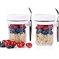 Eidoct Overnight Oats Container 2-Pack, Overnight Oats Jars with Lid and Spoon 10 oz Cereals, Milk, Fruit Salad, with Measurement Mark (2pcs white)