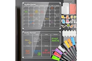 CHMMY 2 Pack Acrylic Magnetic Board for Fridge, Monthly & Weekly Calendar, Reusable Transparent Planning Boards,with 8 Wet Erase Pen /12 Fridge Magnets/1 Magnetic Pen case / 1 Towel(17"x12")