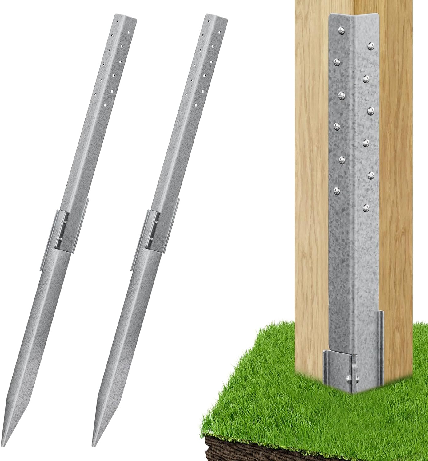 2 Pack Fence Post Repair - New Upgraded Fence Post Anchor Ground Spike for Repair Tilted/Broken Wood Fence Post, Easy to Install & Double Firm