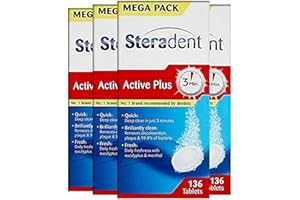 Steradent Active Plus Denture Cleaner, 544 Tablets, Plaque Remover For White Teeth, Mint Fresh, Kills 99.9% Bacteria, Care Cleansers, 136 Count, Pack Of 4