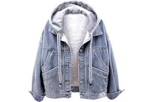 IQYU Veste en jean stretch longue - Veste à capuche pour femme - Veste en jean polaire - Grandes tailles - Veste d'hiver chaude - Manteau en jean doublé avec capuche - Veste de motard - Veste en jean