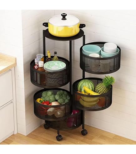 Chariot De Cuisine 5 Niveaux - Rangement Rotatif Avec Roulettes - Acier - 8
