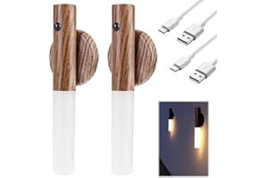 OUPDATE 2 Piezas Lampara Magnética de Pared Interior con Sensor de Movimiento, Luz LED Recargable USB C Inalámbrica de Madera, Aplique Nocturna Magnético Cálida sin Cable para Dormitorio Escalera Pasillo