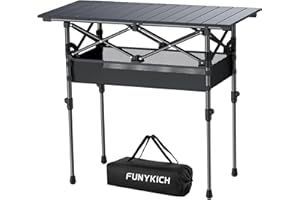 FUNYKICH Folding Camping Table(87x40cm), Aluminum Roll-up Portable Picnic Table with 2 Adjustable Height, Large Storage and Carrying Bag for Picnic, Camping, BBQ, Party, Backyard, Beach