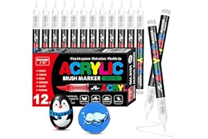 Vakki 12 Weiße Acrylstifte, wasserfest stift Permanent marker weiß Acrylmarker, Acrylic marker Set Perfekt für Steine Bemalen, Glas, Holz, Keramik, Metall & Leinwand
