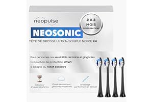 NEOPULSE® - Lot de 4 Recharges Têtes de Brosse Ultra-souples Noires en Nylon pour Brosse à Dents Électrique Sonique NEOSONIC® - Compatible NEOKIDS® - 3D : Brins courts et longs - Indicateur d'Usure