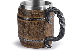 Goodtimera Chope À Bière Faite À La Main Bière en Tonneau en Bois Chêne, Baril 450 ML Écologique Naturel, Tasse À Cocktail À Double Paroi en Acier Inoxydable pour Bar Restaurant