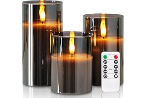 ‎HOMEMORY Homemory Grau Glas Flammenlose Kerzen, Batteriebetriebene LED Stumpenkerzen mit Fernbedienung und Timer, Elektrische Kerzen, Echtes Wachs, 3er-Set
