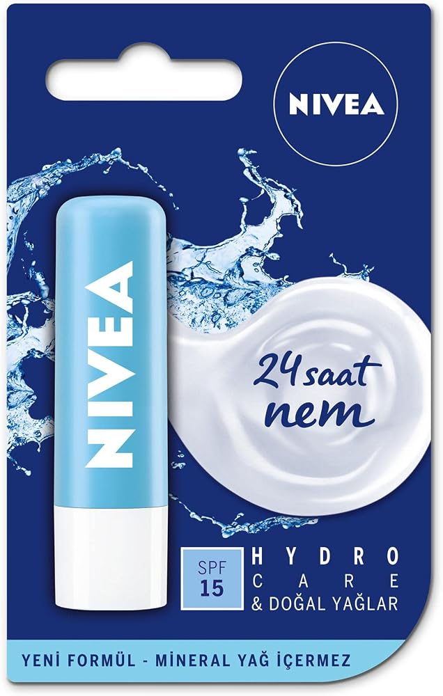 NIVEA Hydro Care Dudak Bakım Kremi, 24 Saat Nem, Aloe Vera, Saf Su ve Doğal Yağlar, SPF 15, Gün Boyu Dudak Bakımı (4,8g)