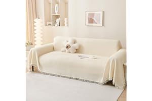 LHGOGO Narzuty ze wzorem waflowym na sofy, duża, 3-osobowa, z dekoracyjnymi frędzlami, uniwersalne, tkane, na kanapy i fotele, 180 x 300 cm, kremowe