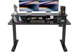 FEZIBO Height Adjustable Electric Standing Desk with Double Drawer, 140 * 60cm Stand Up Table with Storage Shelf, Sit Stand Desk with Splice Board, Black Frame/Black Top