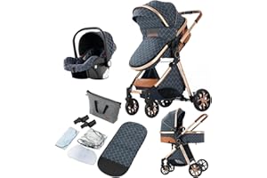 Reenborn Passeggino Trio, Passeggino 3 in 1 con Due Modi Reversibili Spingere, Trio con Telaio Alluminio Paesaggistico Alto, Trio Passeggino Neonati con Design Pieghevole in Un Clic (V9 Blue)