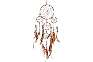 Pink Pineapple Handmade Bohemian Dream Catcher Ethical Hanging Dreamcatcher Wall Art with Feathers and Silver Beads Traditional Crochet Design - 12cm Wide, 35cm Long (Brown)