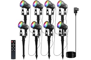 LAM(MS)PEN 8 focos de jardín LED RGBW con temporizador de control remoto, iluminación de jardín LED RGB+blanco cálido 3000K con clavija de tierra, luces de jardín 12V 24W IP65 Impermeable para jardín exterior