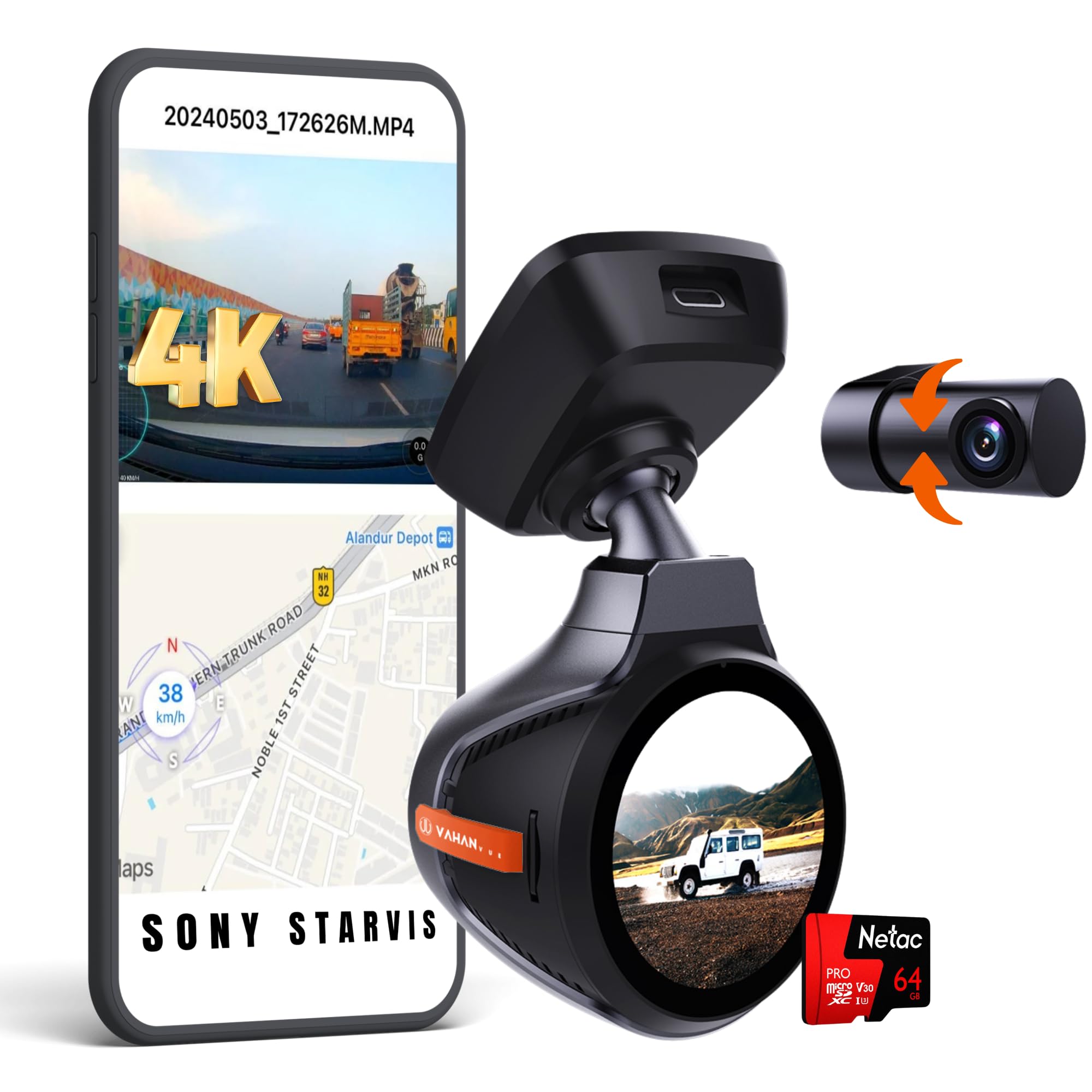 Vahan Vue Dash Cam for Car, 4K Dual Front and Rear Camera, STARVIS IMX335, 64GB, Wi-Fi, GPS, G-Sensor, Night Vision, Parking Monitoring, 256GB Expandable Storage