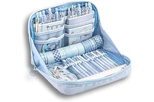 POCHY Cute Aesthetic Pencil Case, Large Capacity Canvas Pen Pouch Bag, Large Capacity Pencil Case with Multiple Pockets (Blue)