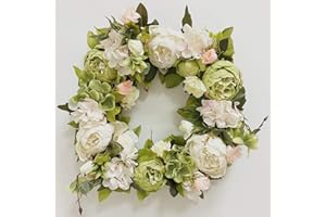 AILINDA Peony Wreath Rose Floral Twig Wreath 14-16 Inch Handmade Vintage Artificial Flowers Garland Front Door Wreath Beautiful Silk For Spring And Summer Wreath Display (Green)