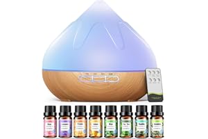 DYOONOER Aroma Diffusor Set für Ätherische Öle 500 ML, 8 x10 ML Ätherische Öle, Aromatherapie Diffuser Mit Fernbedienung,14 Farben LED Mit 4 Timer-Einstellung