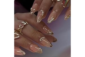 GlamRays 24 uñas postizas de almendra mediana con perlas de diseño de joya dorada, línea francesa, uñas postizas, uñas adhesivas brillantes