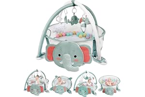 derimkcoa 4-in-1 Baby Play Mat Baby Gym,Tummy Time Mat for Floor Activity Gym Ball Pit Including 30 Balls with 5 Infant Learning Sensory Baby Toys for Newborn Toddler Boy & Girl Gifts(Elephant)