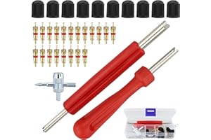 GUDQVOZIHG Lot de 33 extracteurs de valve de pneu avec noyau de valve double et simple, 1 outil de noyau de valve 4 voies, 10 bouchons de valve de pneu, 20 noyaux de valve