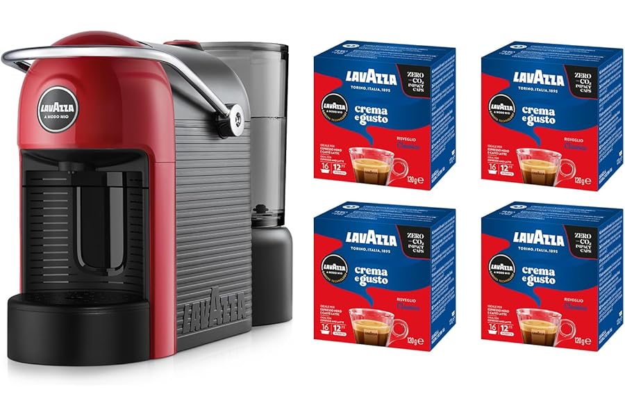 Lavazza A Modo Mio Jolie Evo Coffee Machine Made with 36% Recycled Plastic, Espresso Machine with 64 Capsules Lavazza A Modo Mio Crema and Classic Flavour Included, Red