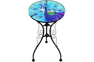 MARCO PAUL INTERIORS Marco Paul Table de bistrot décorative en verre de forme ronde de style classique avec cadre en métal robuste pour terrasse, terrasse, terrasse, terrasse, table à boissons 56 cm (paon)