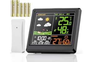 SENTICUM Station Météo Interieur Exterieur Sans Fil | Avec 3 Niveaux Luminosité | Thermometre Hygrometre avec Capteur | Ecran LCD Couleur Rétro-Éclairé | Avec Date Heure | Prévisions Météo | Noir