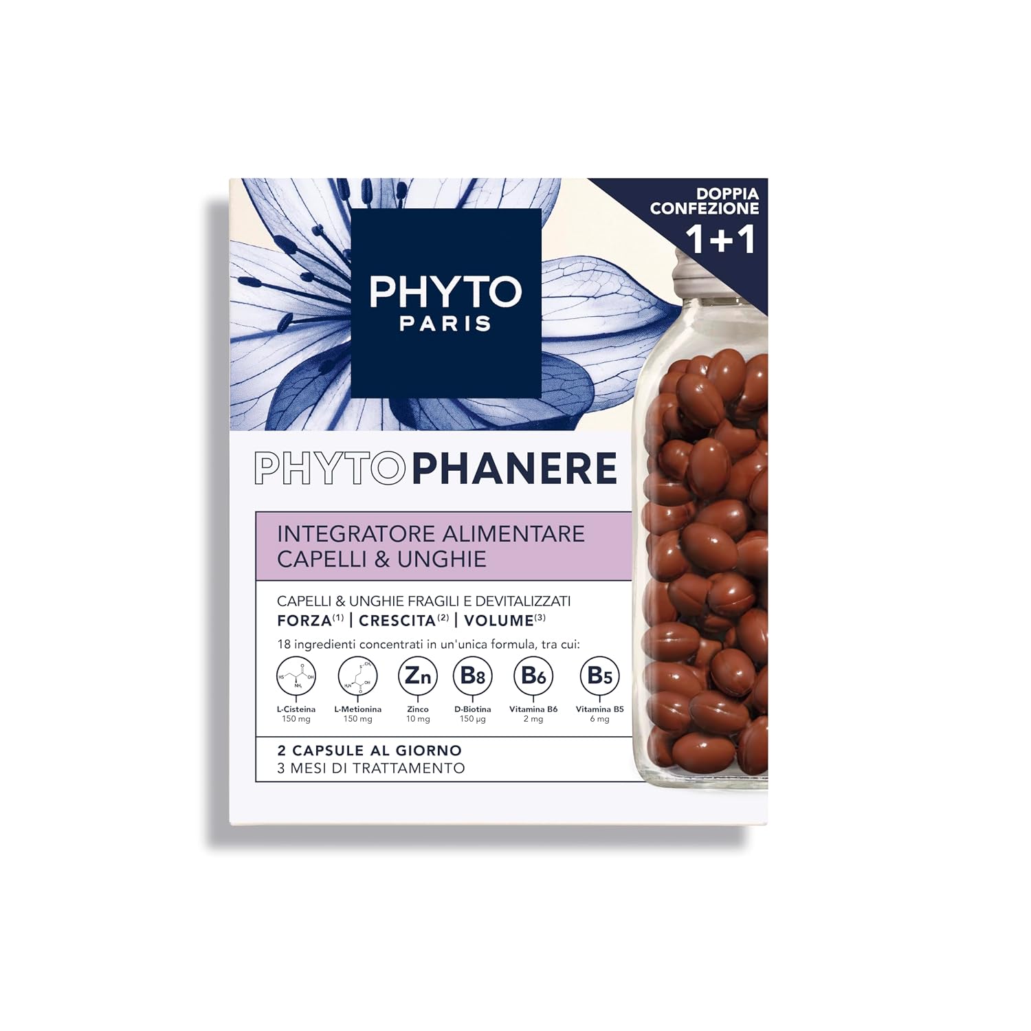 Phyto Phytophanere Integratore Alimentare Naturale Fortificante, Per Capelli e Unghie, Crescita e Volume, Senza Siliconi, Confezione doppia da 90 capsule (Totale 180 capsule)
