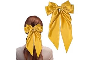 ZhongShuang Yellow Big Hair Bows for Women: Solid Color Bow Hair Clips with Long Ribbon, French Barrette Clip Soft Satin Silky Hair Bows Cute Gifts for Women Girls