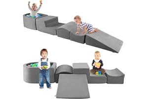 HOMFME Parcours Motricité Enfant avec Piscine à Balles, Aire de Jeux en Mousse Haute Densité 5 Pièces, Jeux d’Escalade et d’Activités pour Intérieur, Idéal pour Salle de Chambre (Gris)