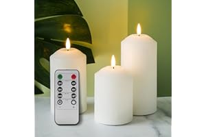Eywamage White Flameless LED Pillar Candles with Remote, Flickering Realistic Battery Powered Wax Candles Set of 3