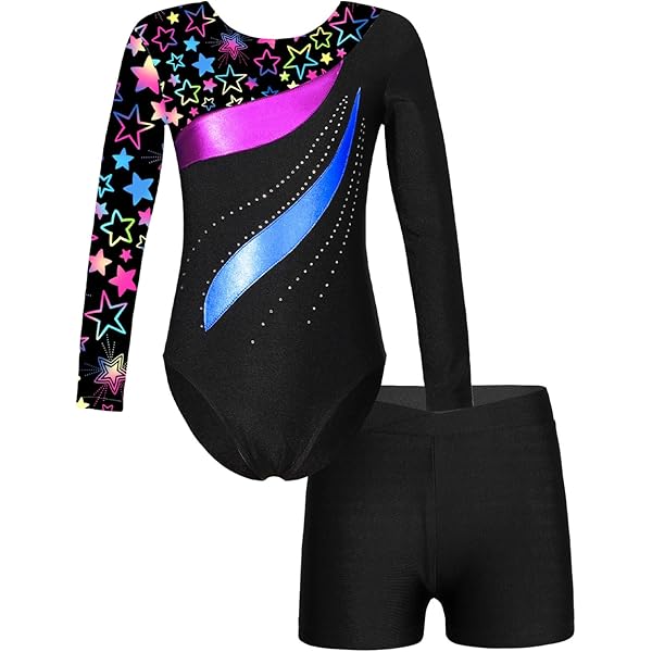 Runhomal Turnpakje voor kinderen, meisjes, lange mouwen, met metallic glanzende shorts, kunstschaatsen, Leotard, dans, ballet, bodysuit, 5-14 jaar, Wit, 11-12 Jaar