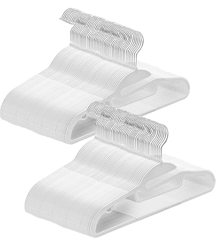 ABHENG 50 stuks plastic kleerhangers, zware broekhangers, ruimtebesparende kledinghangers met S-vormige opening, antislip, 360º draaibare haak, 40 cm L x 0,2 inch B x 8,9 inch H, wit, UAPY0450W
