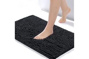 ROSMARUS Chenille Bath Mat Non-Slip Super Absorbent Bathroom Mat 40X60cm,Washable Soft Fluffy Bathroom Rug,Microfiber Shower Mat Shaggy Rug for Bathroom,Black