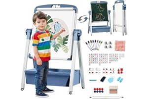 CHIDIAM Kids Easel with Paper Roll Double-Sided Iron Art Easel Foldable Drawing Board Height Adjustable Standing Easel 360° Rotatable Whiteboard Chalkboard with Letters Numbers for Boys Girls Toddlers