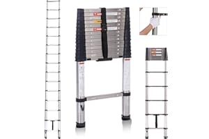 Teleskopierbare Leiter 4.4m,BOWEITI Erweiterung Schritt Leiter EIN-Knopf-Retraktion, Edelstahl zusammenklappbare Leiter Slow Down Design für Home RV Loft, 330 lbs Max Kapazität