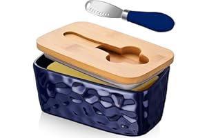 CCHONG Beurier avec Couvercle et Couteau à Beurre, Beurrier en Verre en Porcelaine, Boite Beurre, Boite à Fromage pour Frigo Anti Odeur, Beurrier Ceramique pour Beurrier 250g (Bleu)