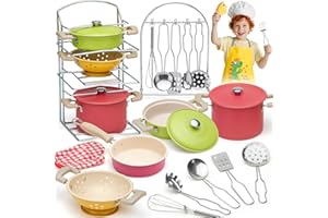 Tacobear Accessoire Cuisine Enfant Casserole et Poêle en Acier Inoxydable Ustensile Cuisine avec Tablier Gant Jeu de Rôle de Chef Cadeau Éducatif Jouet 3 4 5 Ans Garçon Fille