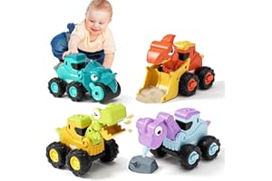 MOONTOY Coches para Niños de 1-2 Años, Coches Juguete de Dino, Juego de 4 vehículos de construcción de Dino, Coche bebé Press & Go para niños de 12 a 18 Meses, Gran Regalo para niños de 1, 2 y 3 años