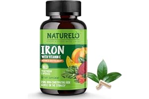 NATURELO Iron Supplement with Vitamin C & Whole Foods - Gentle Iron Pills for Women & Men with Iron Deficiency Including Pregnancy, Anemia and Vegan Diets - 180 Mini Capsules | 6 Month Supply