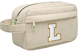 TOOZEN Personalisierte Initialen Make-up-Tasche, Cord-Kosmetiktasche Reise Kulturbeutel mit MetallReißverschluss Tragbare Schminktasche Damen, Weihnachts Geburtstagsgeschenk für Frau Mädchen Beige L