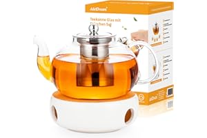 ADEL DREAM AdelDream Teiera in vetro con infusore teiera in vetro con fornello di sicurezza per mettere in infusione bustine di tè o foglie sfuse 1200 ml + scaldavivande